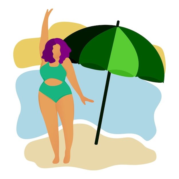 A happy plump girl in a green bathing suit at the sun umbrella the body is positive love your body