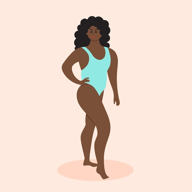 Vector happy plus size afro american woman in swimsuit body positive acceptance feminism fitness sport