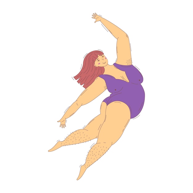 Happy plus size overweight woman in dancing loves herself and is happy in her body