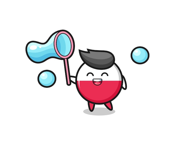 Happy poland flag badge cartoon playing soap bubble , cute style design for t shirt, sticker, logo element