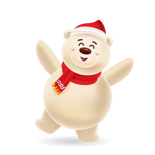 Happy polar bear dancing with red cap and red scarf 