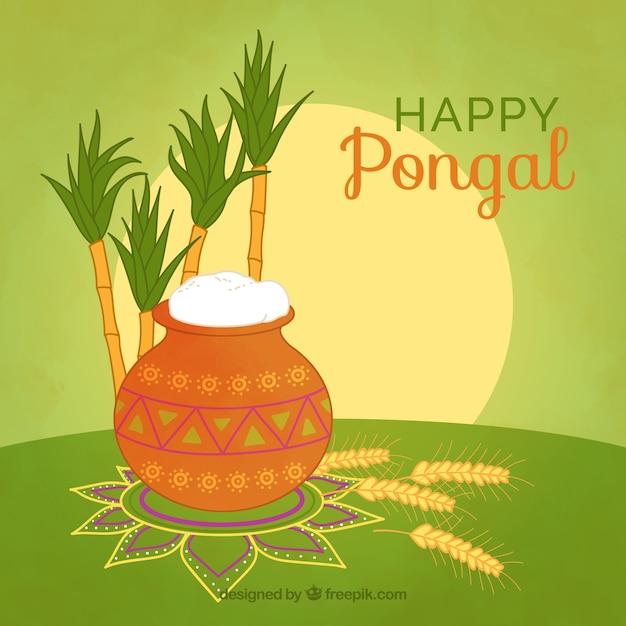 Happy pongal background with rice and sugarcane