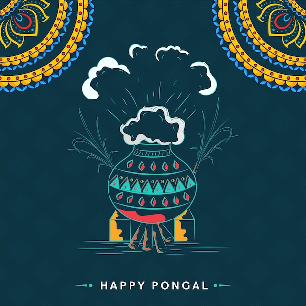 Концепция празднования Happy Pongal с кастрюлей для приготовления каракулей над дровами, сахарным тростником и углом мандалы на синем фоне