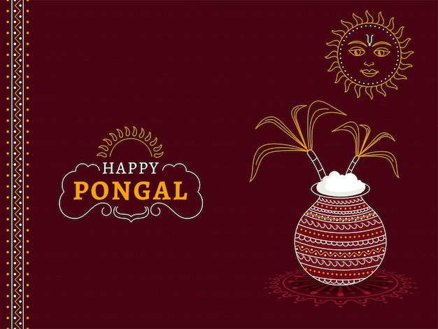 Happy pongal celebration concept with traditional dish in clay pot sugarcanes and sun face on maroon background