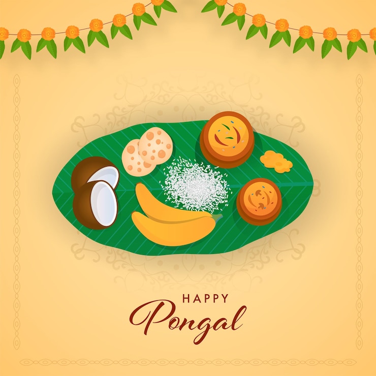 वेक्टर happy pongal celebration concept with traditional foods over banana leaf and floral garland toran on pastel orange background