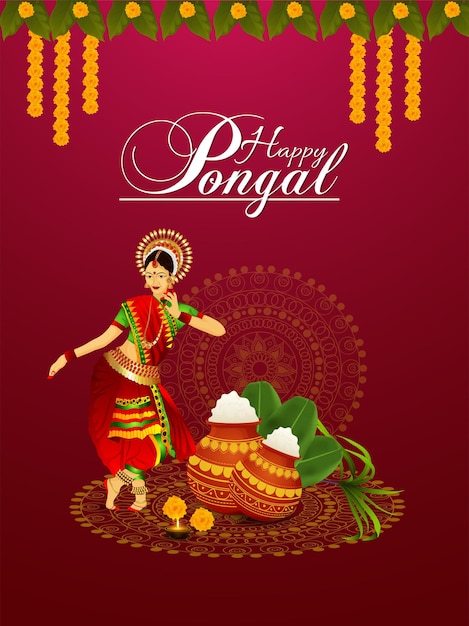 Happy pongal celebration flyer with creative illustration