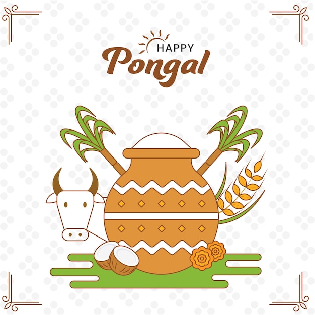 Happy Pongal Celebration Greeting Card With Festival Elements Against Dense Dotted Rhombus Pattern White Background