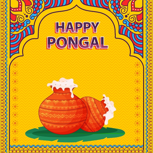 Поздравительная открытка Happy Pongal Celebration с рисом Pongali в глиняных горшках над банановым листом на фоне красочных этнических и зигзагообразных линий