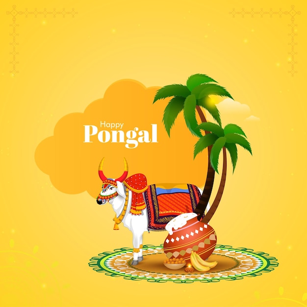 Vector happy pongal concept with decorative ox character