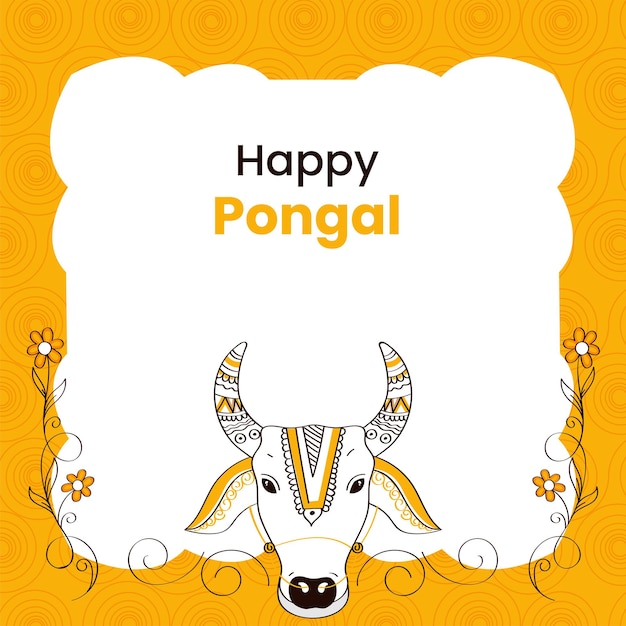 Happy pongal concept with doodle bull face, floral decorated on white and yellow swirl pattern background.
