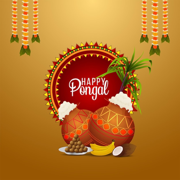 Happy pongal design concept with creative mud pot and background
