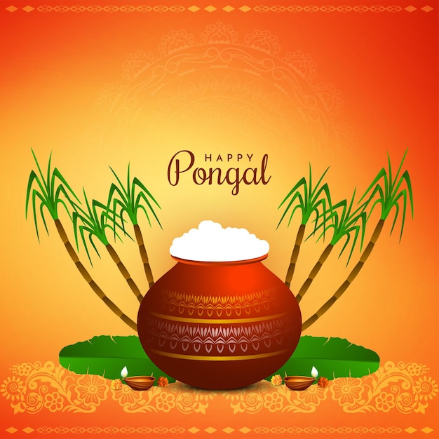 Happy pongal festival card con vaso di argilla e vettore di canna da zucchero