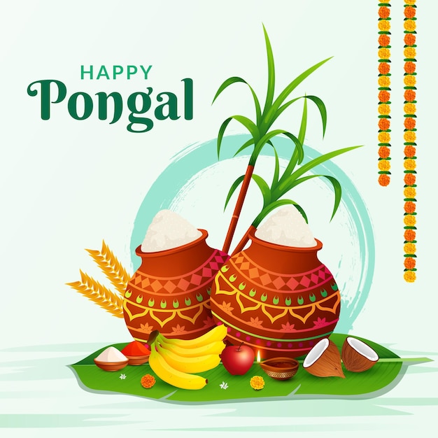 Vector happy pongal festival traditional elements