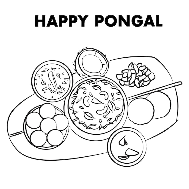 happy pongal food dish line drawing vector