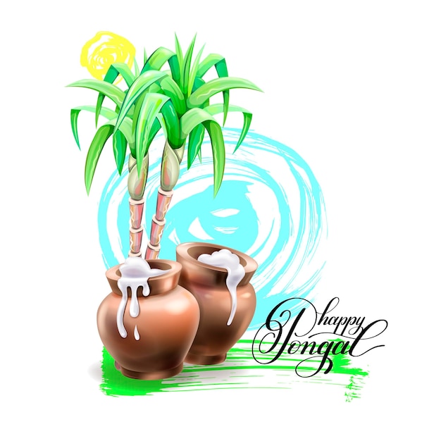 Happy Pongal greeting card design to south Indian harvest festival on brush stroke background