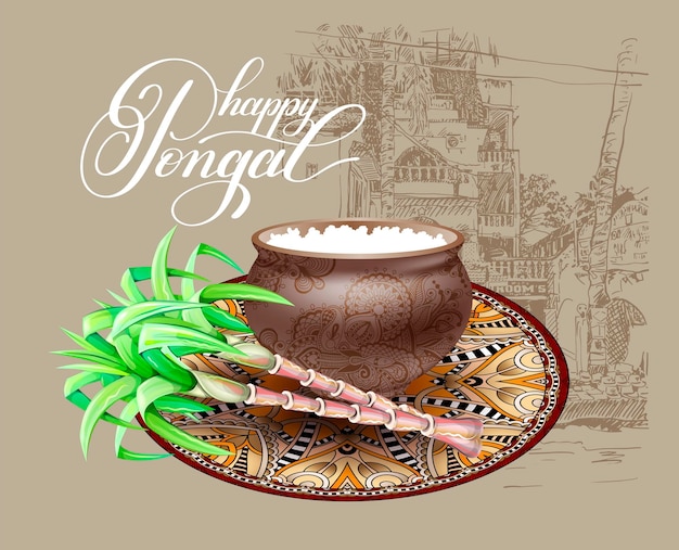 Cartolina d'auguri felice di pongal all'illustrazione di vettore di progettazione del festival del raccolto dell'india del sud