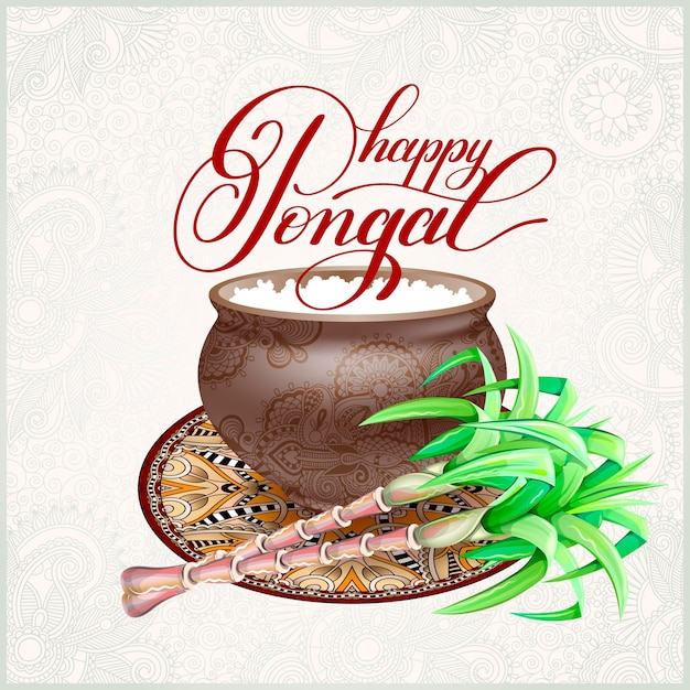 남쪽 인도 수확 축제 벡터 일러스트 레이 션에 행복 Pongal 인사말 카드