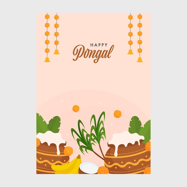 Поздравительная открытка Happy Pongal с элементами фестиваля, украшенными на розовом фоне