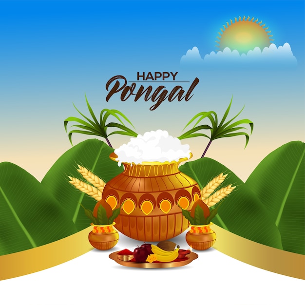 Cartolina d'auguri felice pongal con pentola di fango e foglie di banana