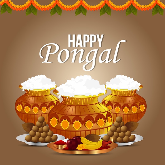 Happy pongal, harvest festival of india celebration and mud pot with puja thali