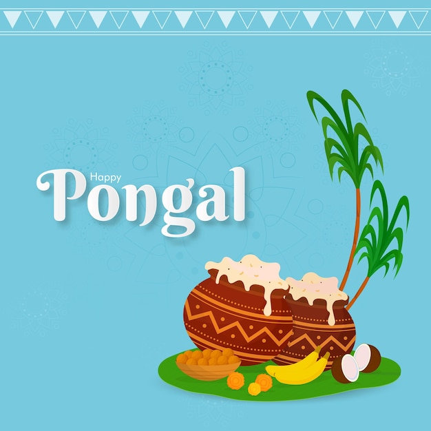 Happy pongal text with pongali rice in mud pots