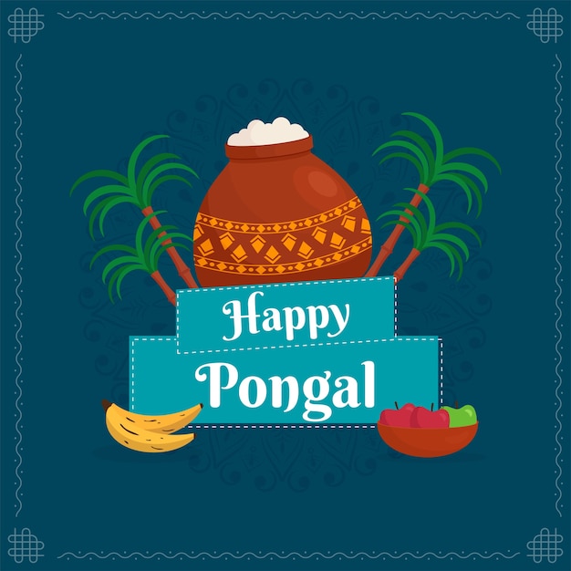 Happy pongal text with traditional dish in mud pot