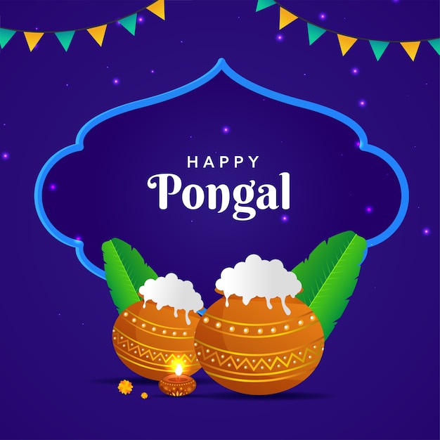 Happy Pongal Text With Traditional Dish In Mud Pots