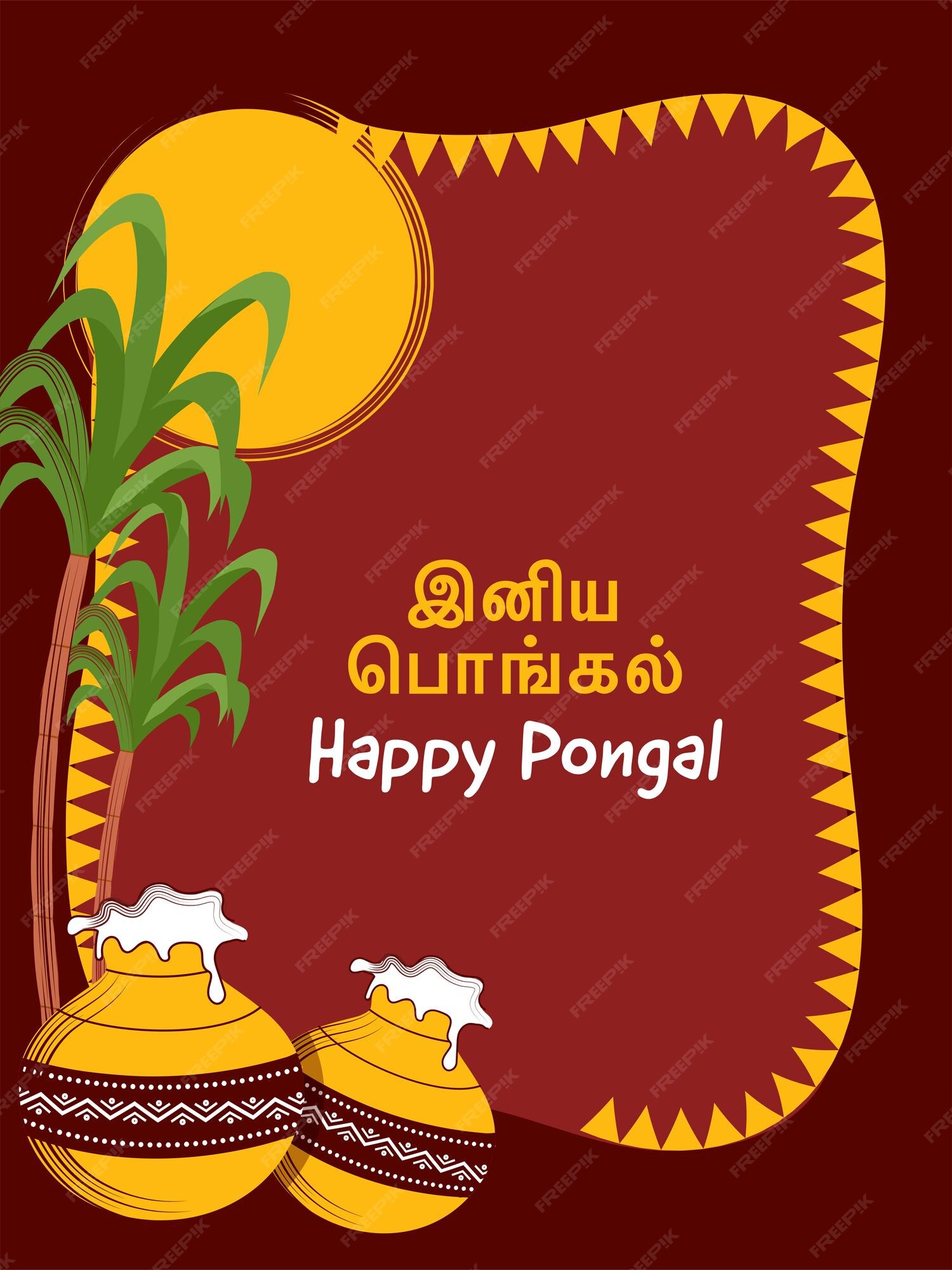 Premium Vector | Happy pongal text written in tamil language with  traditional dishes in clay pot sugarcanes and sun on red background