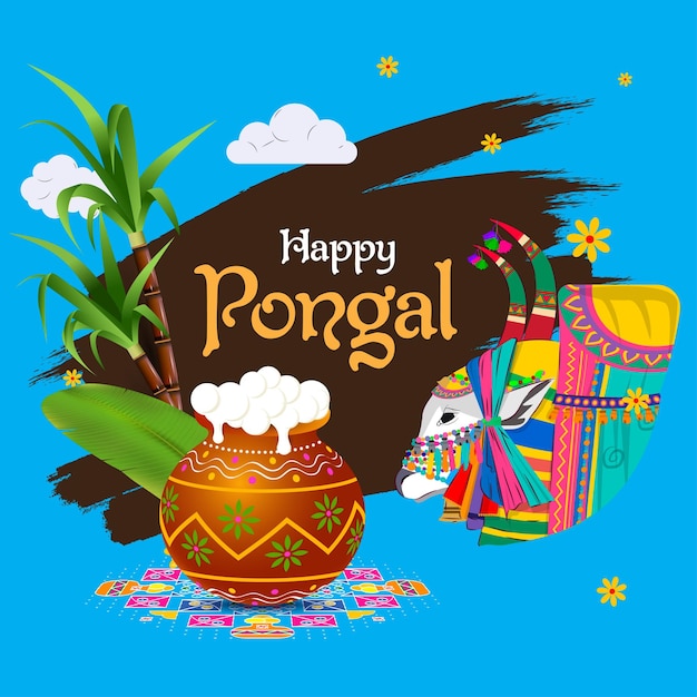 Happy Pongal vector illustration with festive elements like jallikattu, pongal, sugarcane, bana leaf