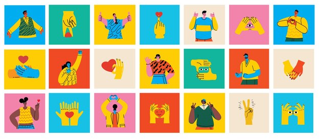 Vector happy positive people man and woman team gesturing with hands fingers love support solidarity