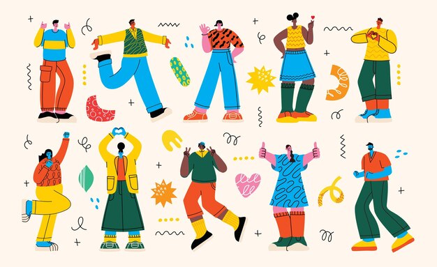 Vector happy positive people man and woman team gesturing with hands fingers love support solidarity