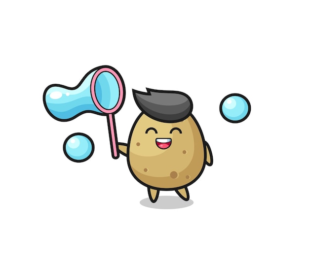 Happy potato cartoon playing soap bubble , cute style design for t shirt, sticker, logo element