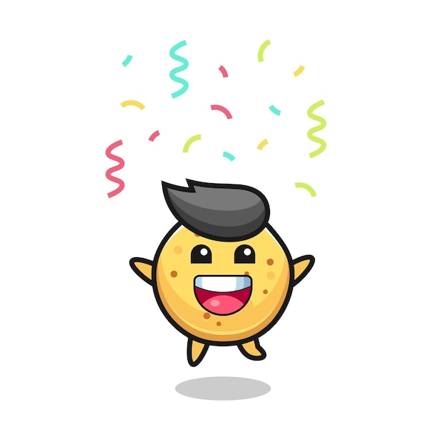 Happy potato chip mascot jumping for congratulation with colour confetti cute design