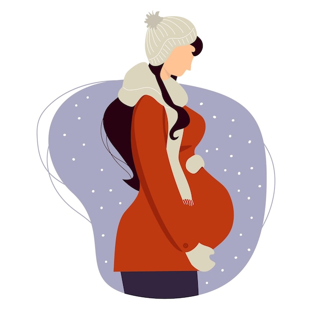 Happy pregnant girl in winter clothes Cute woman hugs her belly