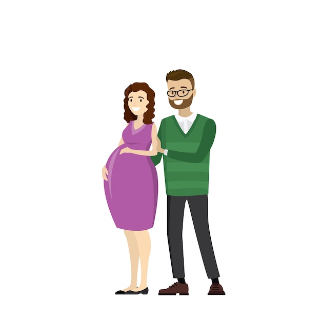 Happy pregnant love couple Pregnant wife and husband isolated on white Cartoon Vector Illustration