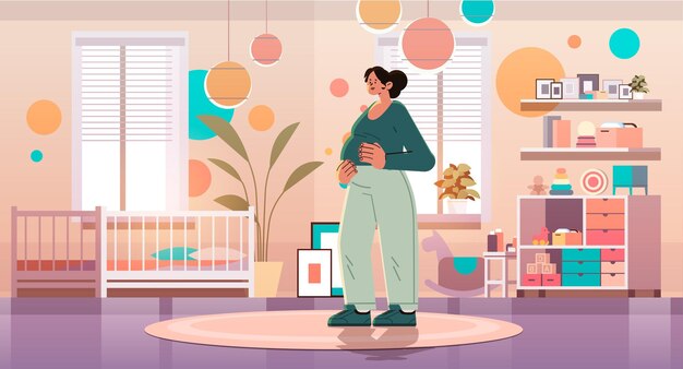 happy pregnant woman future mom hugging belly near crib pregnancy motherhood expectation concept modern kids bedroom interior horizontal vector illustration