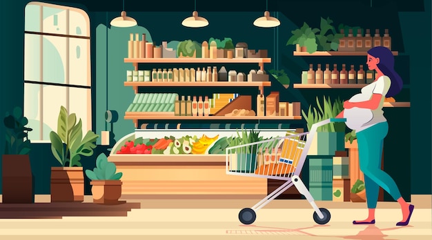 Vector happy pregnant woman future mom with trolley cart choosing groceries pregnancy motherhood expectation concept grocery shop interior