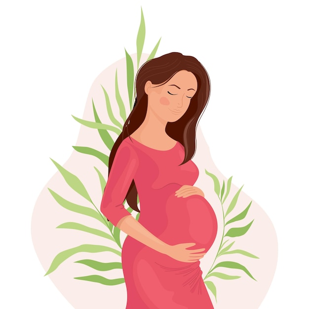 Happy pregnant woman holding her belly on a background with leaves the birth of life Pregnancy and motherhood Happy pregnancy