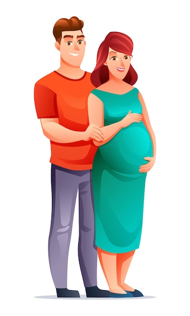 妊娠中の幸せな女性が ⁇ ベビーコンセプトの漫画イラストを待っている夫と一緒に腹を抱きしめています ⁇ 