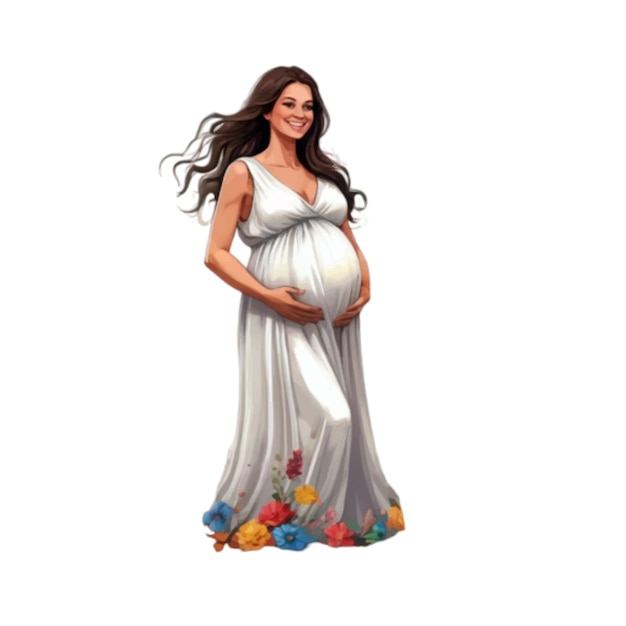 Счастливая беременная женщина обнимает свой живот в цветочном платье на белом фоне.