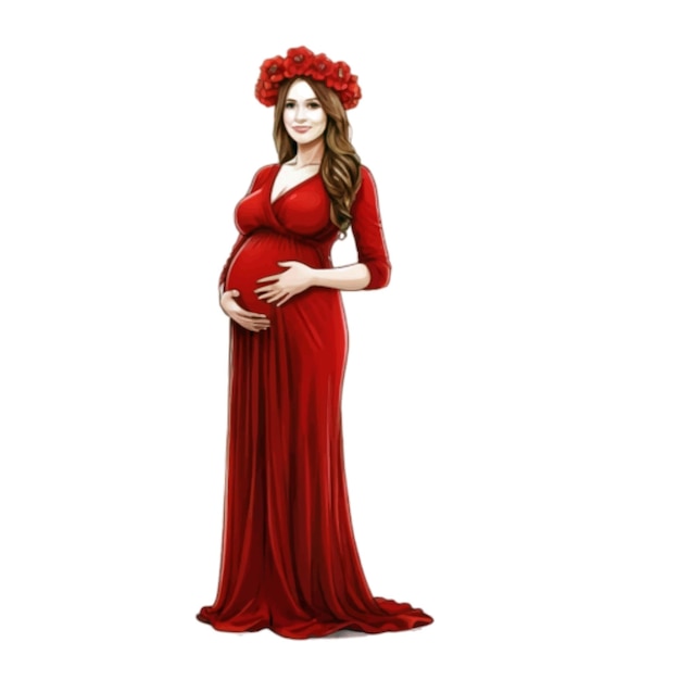 Вектор Счастливая беременная женщина обнимает свой живот в красном платье и красной розовой короне