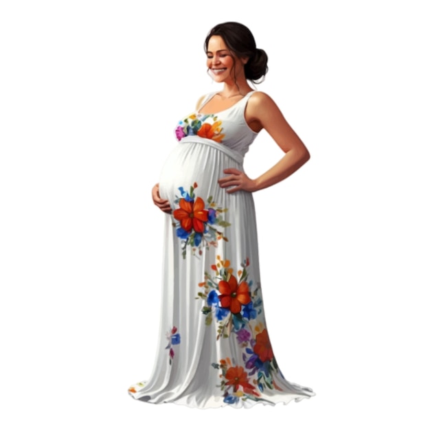 Vector happy pregnant woman hugging her belly with white floral gown vector illustration