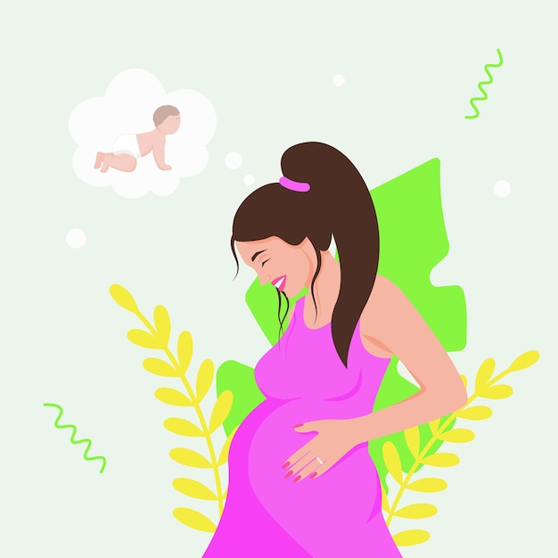 赤ちゃんのイラストを考えている幸せな妊婦。ピンクのドレスとスタイリッシュな髪型の笑顔の女の子は彼女の腹を保持します。待望の子ベクトルの愛情のこもった期待。
