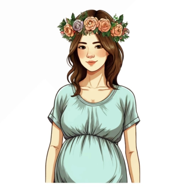 색 배경 터 일러스트레이션으로 장미 꽃 왕관을 입은 행복한 임신 여성