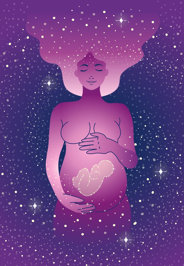 Vector happy pregnant woman with a baby hugging her belly in space.