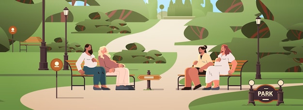 Donne incinte felici future mamme che discutono durante un incontro nel parco gravidanza maternità aspettative concetto orizzontale paesaggio sfondo vettoriale illustrazione