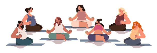 Vector happy pregnant women future moms sitting in lotus pose girls meditating pregnancy motherhood expectation concept horizontal vector illustration