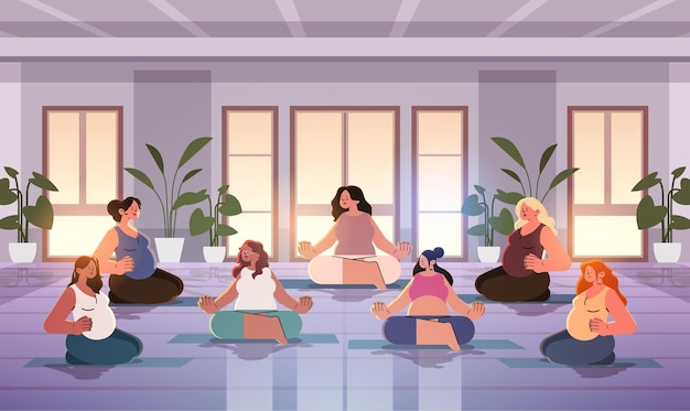 happy pregnant women future moms sitting in lotus pose girls meditating pregnancy motherhood expectation concept modern studio interior horizontal vector illustration