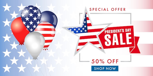 해피 대통령의 날 미국 판매 배너. 쇼핑 쿠폰 디자인 템플릿입니다. 광고 템플릿.