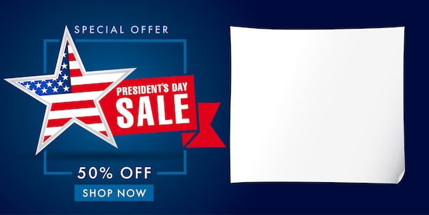 Happy President's Day USA-verkoopkaart. Geïsoleerde 3D vel papier. Uitnodiging leeg. Voorbeeld coupon.
